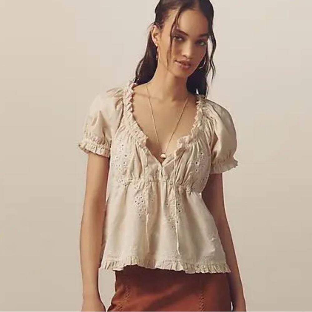 Anthropologie Puff Sleeve Babydoll Embroidered Striped Light Tan Cream Top